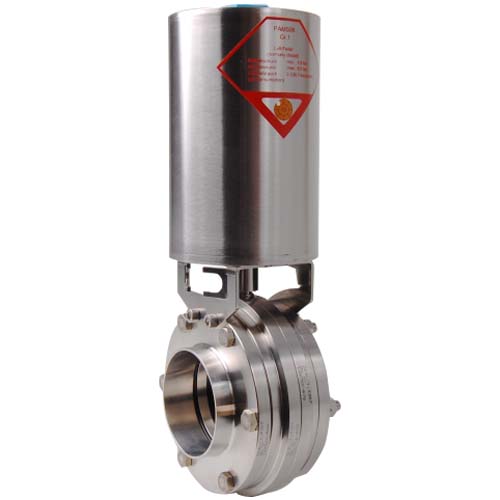 560041001120 Butterfly Valve SV04 1"/25,4
Connection: Between flanges
with welding ends 25,4 x 1,5mm
Mat.: 1.4301 (304) Polished
Pneumatic Actuator (NC)
Air open / Spring return
Silicone gasket (FDA)