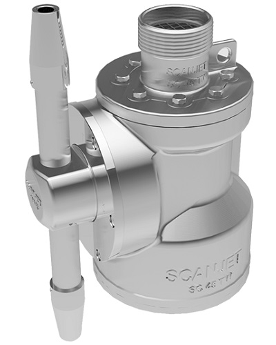 948.SC45TW-B2.0-2x12 ScanJet Rotary Jet Head SC45TW
with adjustable turbine
Spray direction 360°
2" BSP male connection
Nozzles: 2 pieces x Ø12,0mm
Mat.: AISI 316, PTFE, PEEK
Machine diameter: min. 205,0mm
Rotation diameter: 380,0mm
Total length: 304,0mm
Flow: appr. 22 ~ 48m³ per hour
Working pressure: 3 ~ 10 bar
Recommended pressure: 6 bar
Maximum working temp.: 95°C
Maximum ambient temp.: 140°C
Produced in acc. to the guide-
lines of ISO 9001 and ASME
Serial number: