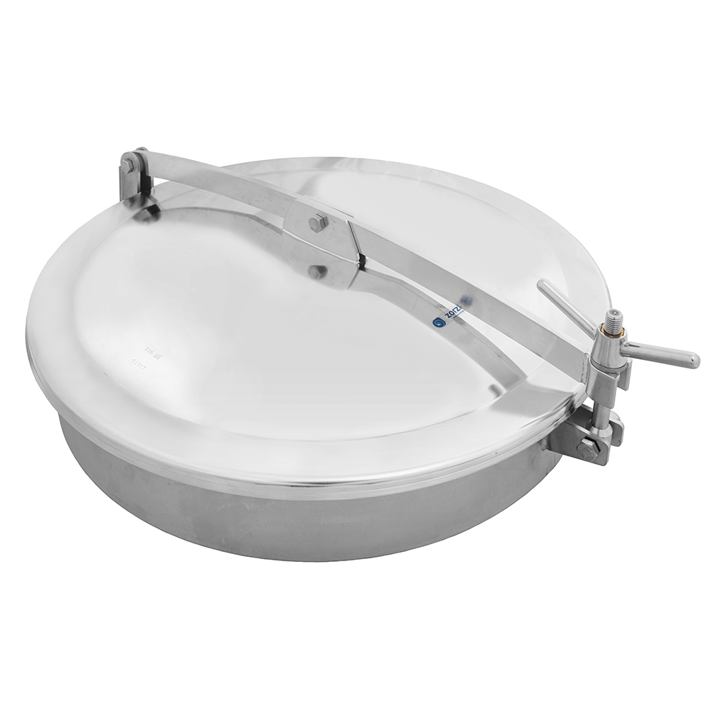 9402.N600 Round Inspection Cover N/600
Opening outwards: hinge/swivel
Material: 1.4307 (304L)
Pressure range: +0,0 bar
Outside Neck diameter: Ø620mm
Tolerance ISO2768 cL: ±1.2mm
Welding Neck height: 100mm
Welding Neck thickness: 3,0mm
1x Plastic Handwheel VI/165/A
EPDM gasket (FDA) G/N600
Finish Neck: Grinded/Pickled
Finish Cover: Electropolished